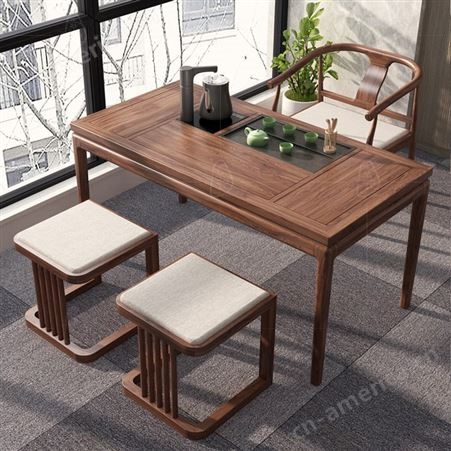 新中式茶桌椅组合现代实木小茶桌家用阳台功夫茶台黑胡桃泡茶桌子
